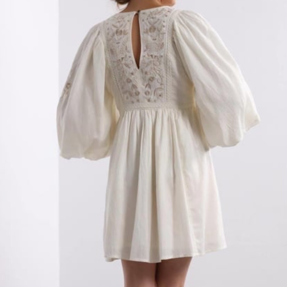 Anthropologie Cream and Brown Embroidered Bohemian balloon sleeve dress XS - Picture 16 of 17
